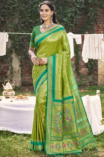 light green banarasi silk woven work festival tassle saree