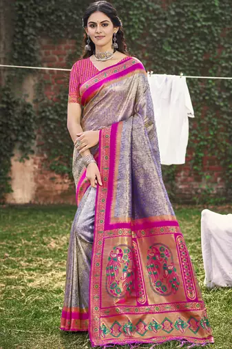 purple banarasi silk woven work festival tassle saree