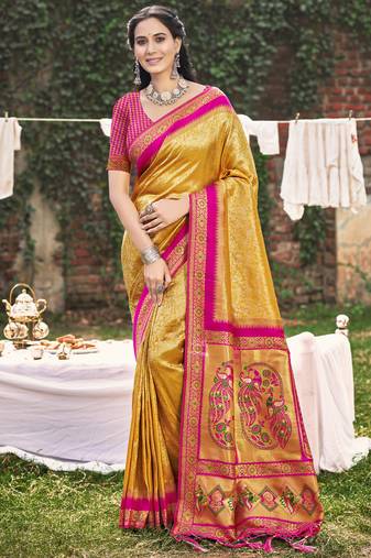 mustard banarasi silk woven work festival tassle saree
