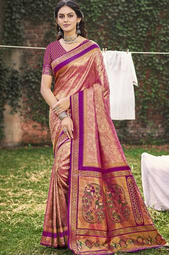 peach banarasi silk woven work festival tassle saree