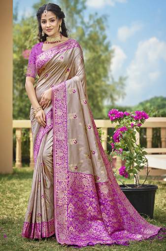grey banarasi silk woven work festival tassle saree