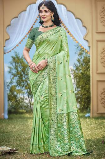 light green banarasi silk woven work festival tassle saree