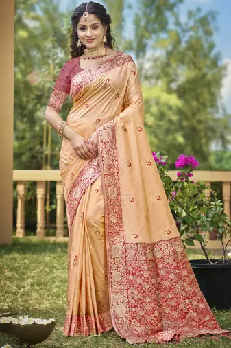 peach banarasi silk woven work festival tassle saree