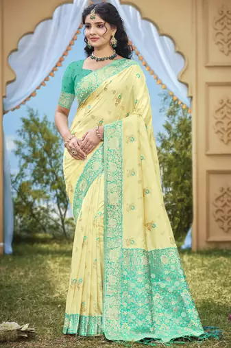 light yellow banarasi silk woven work festival tassle saree