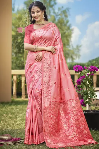 light pink banarasi silk woven work festival tassle saree