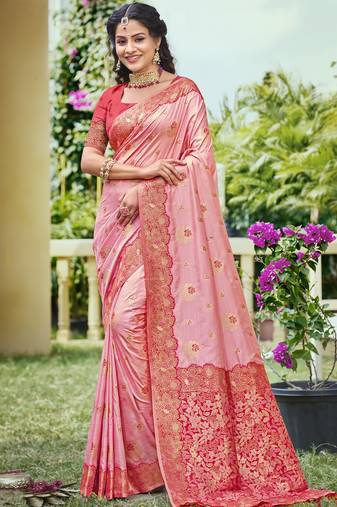 light pink banarasi silk woven work festival tassle saree