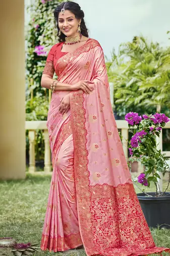 light pink banarasi silk woven work festival tassle saree