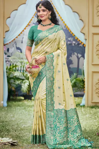 cream banarasi silk woven work festival tassle saree