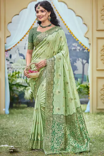 light green banarasi silk woven work festival tassle saree