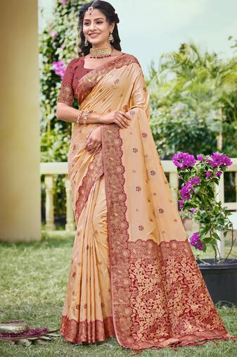 peach banarasi silk woven work festival tassle saree