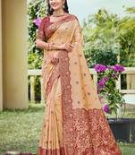 peach banarasi silk woven work festival tassle saree
