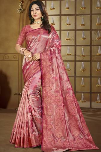 pink silk woven work festival tassle saree