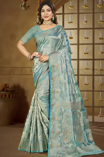 sky blue silk woven work festival tassle saree