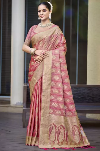 pink satin silk woven zari work festival tassle saree
