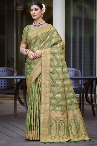 green satin silk woven zari work festival tassle saree