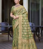 green satin silk woven zari work festival tassle saree
