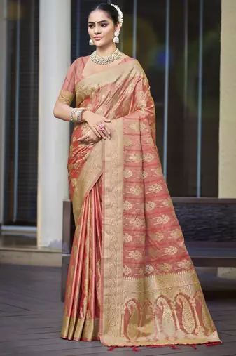 peach satin silk woven zari work festival tassle saree