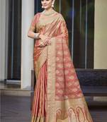 peach satin silk woven zari work festival tassle saree
