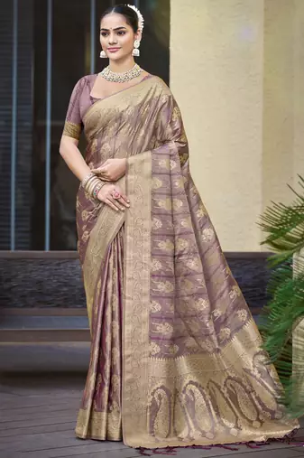purple satin silk woven zari work festival tassle saree