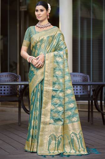sea green satin silk woven zari work festival tassle saree
