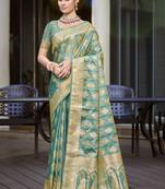 sea green satin silk woven zari work festival tassle saree