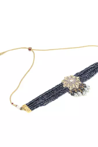 Gold-plated green & white kundan-studded & beaded jadau necklace