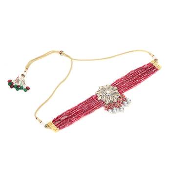 Women magenta & gold toned cz stone studded & beaded necklace 2