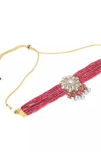 Women magenta & gold toned cz stone studded & beaded necklace