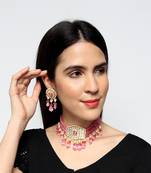 Gold-plated pink kundan-studded sea green & white beaded necklace