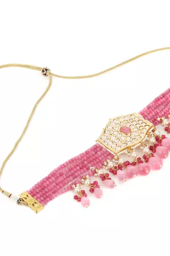 Gold-plated pink kundan-studded sea green & white beaded necklace