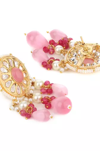 Gold-plated pink kundan-studded sea green & white beaded necklace