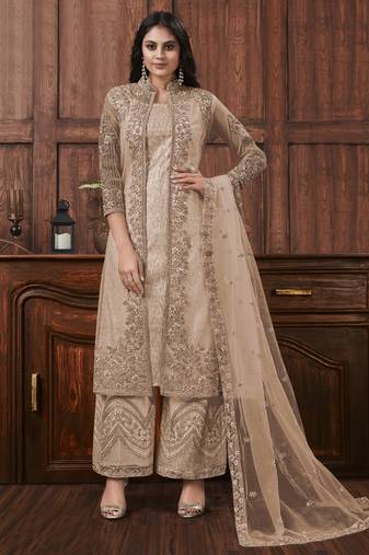 Biege embroidered designer jacket style pants suit semi stitched