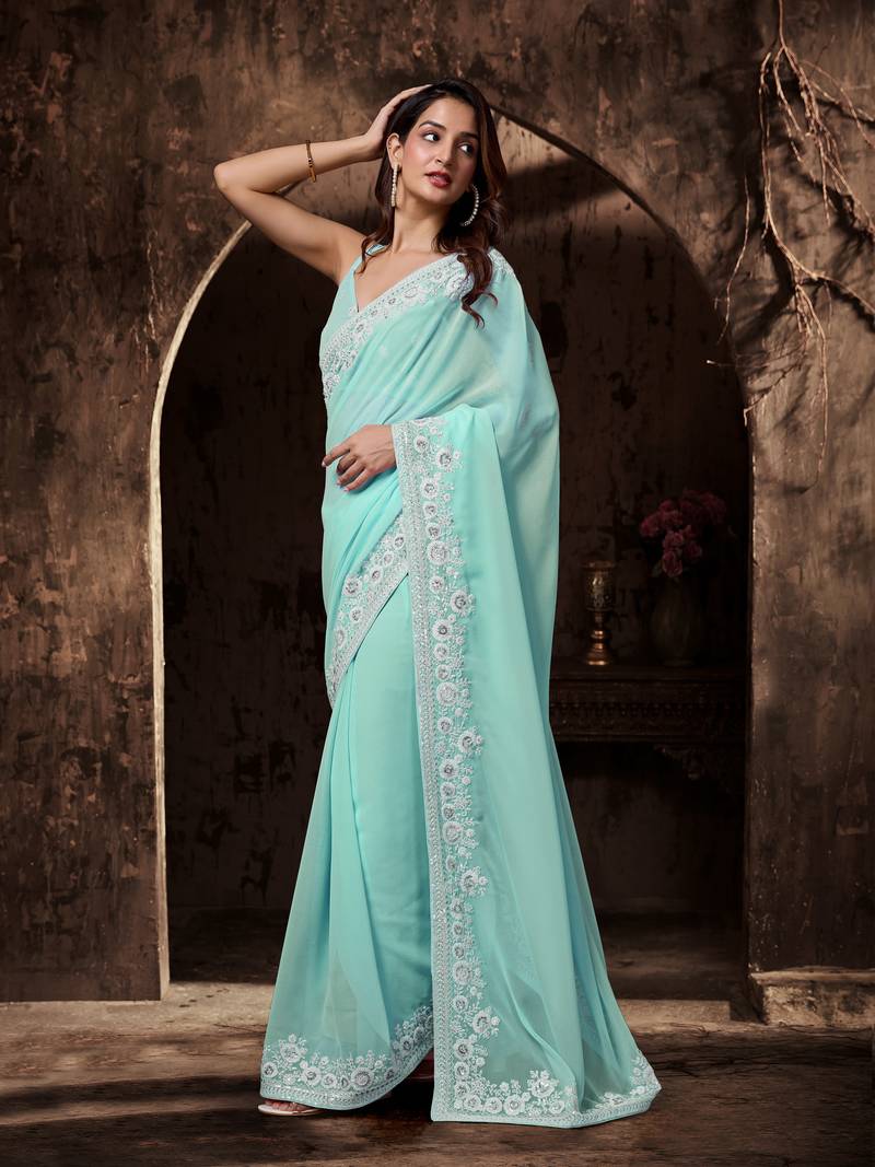 Plain Turquiose saree With Designer Floral Zari Embroidery Work 