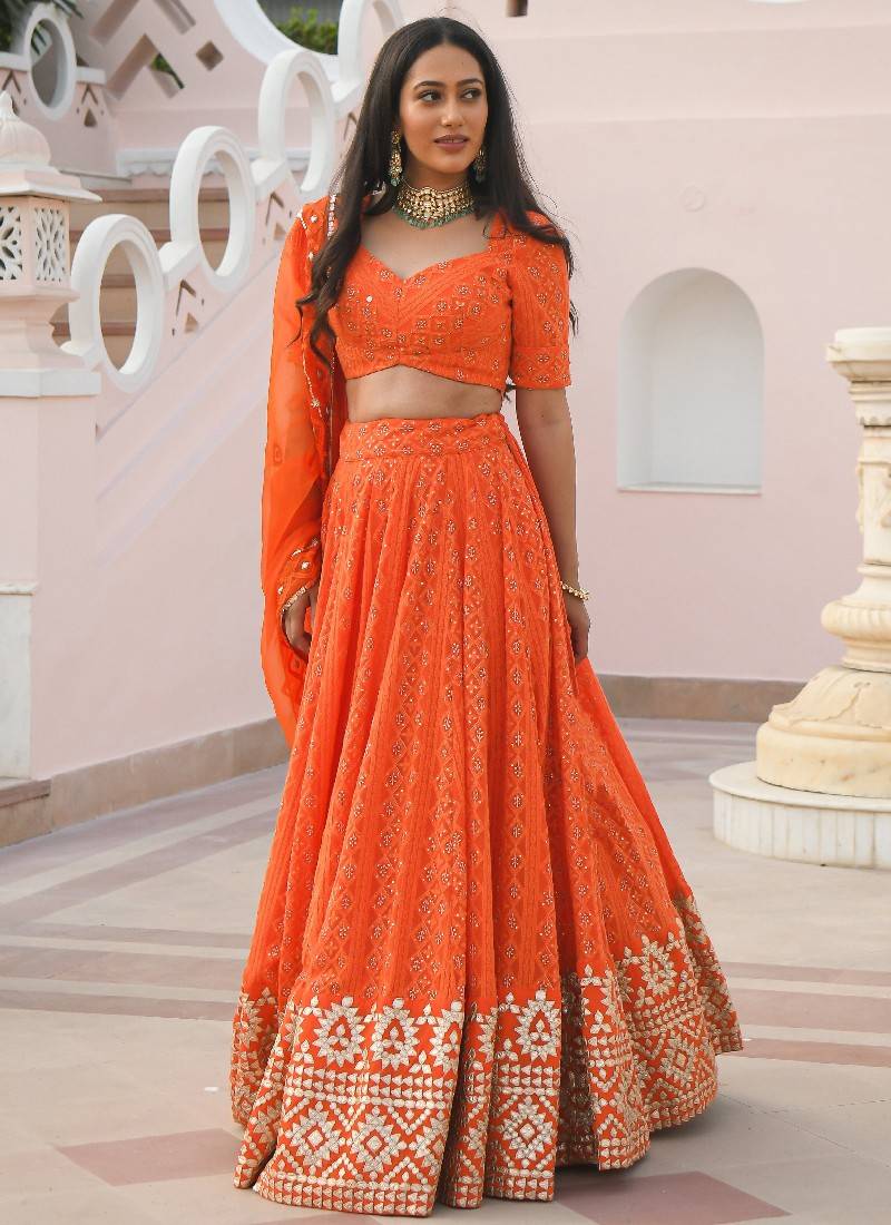 Amazing Orange Color Sequins Georgette Event Wear Lehenga Choli