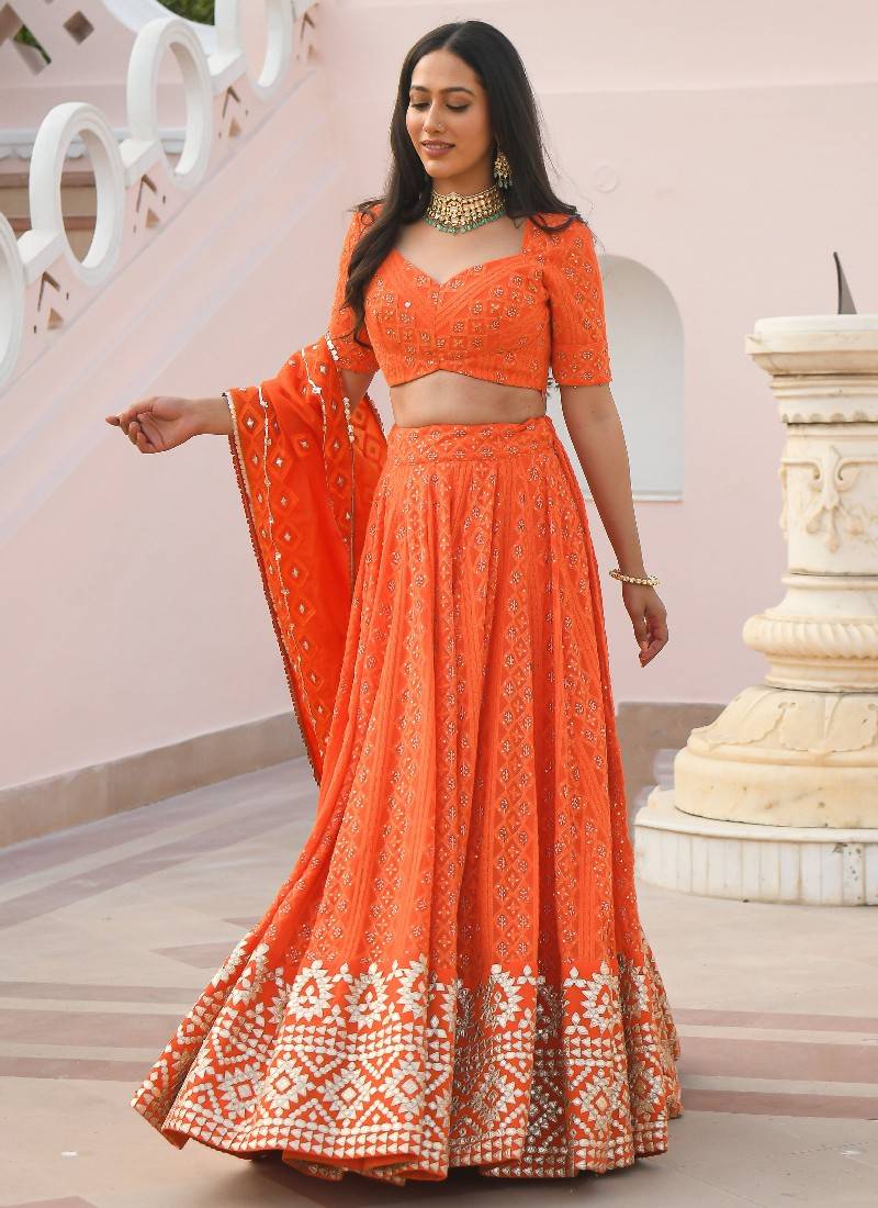 Amazing Orange Color Sequins Georgette Event Wear Lehenga Choli