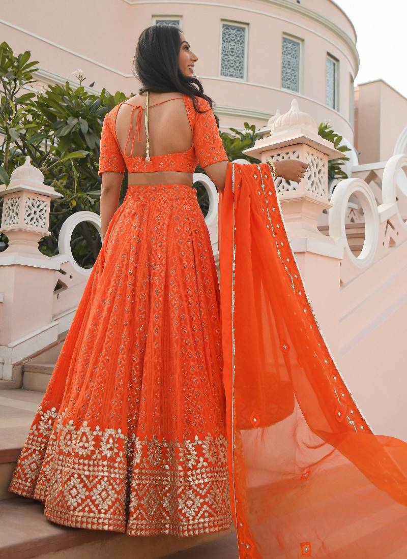 Amazing Orange Color Sequins Georgette Event Wear Lehenga Choli
