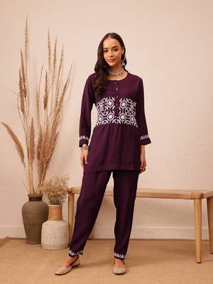Hand embroidered wine cotton lucknowi chikankari co-ord set 1