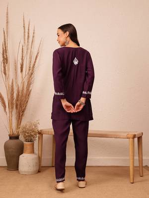 Hand embroidered wine cotton lucknowi chikankari co-ord set 2