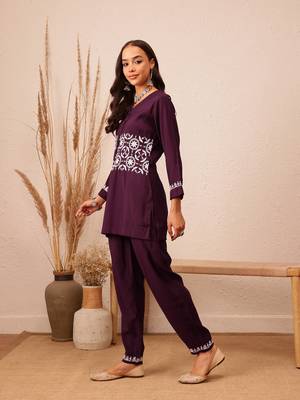 Hand embroidered wine cotton lucknowi chikankari co-ord set 3