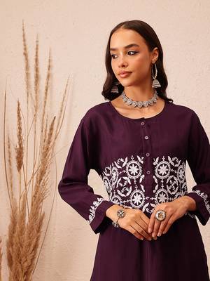 Hand embroidered wine cotton lucknowi chikankari co-ord set 4