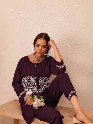 Hand embroidered wine cotton lucknowi chikankari co-ord set 5