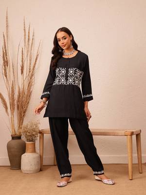 Hand embroidered black cotton lucknowi chikankari co-ord set 1