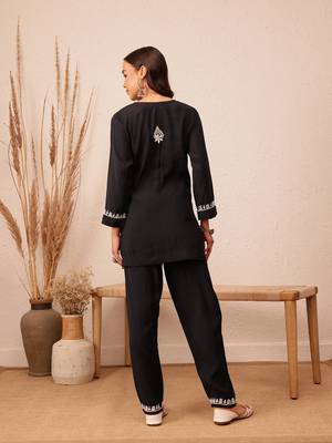 Hand embroidered black cotton lucknowi chikankari co-ord set 2