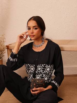 Hand embroidered black cotton lucknowi chikankari co-ord set 5