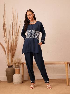 Hand embroidered navy blue cotton lucknowi chikankari co-ord set 1