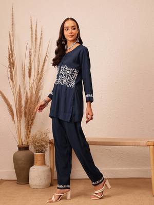 Hand embroidered navy blue cotton lucknowi chikankari co-ord set 3
