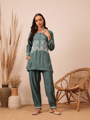Hand embroidered slate grey cotton lucknowi chikankari co-ord set 1