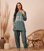 Hand embroidered slate grey cotton lucknowi chikankari co-ord set