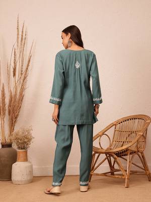 Hand embroidered slate grey cotton lucknowi chikankari co-ord set 2