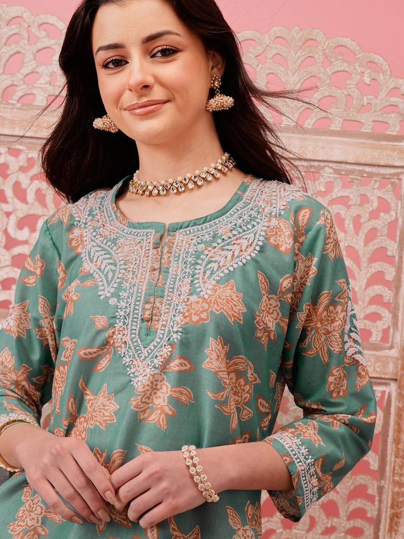 Hand embroidered green muslin lucknowi chikankari co-ord set